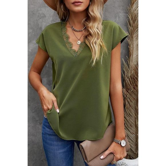 Azura Exchange  Green V Neck Lace Trim T-shirt - Picture 1 of 15